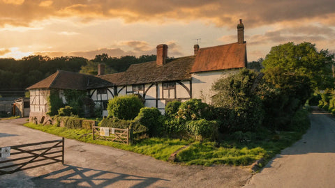 A timber-framed Surrey farmhouse at golden hour — Dorking Brewery's home at Aldhurst Farm.