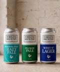 Three cans of Dorking Brewery beer on a wooden surface with a neutral background