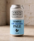 Dorking Brewery Temple Low Alcohol Pale beer can on a wooden surface with a rustic background