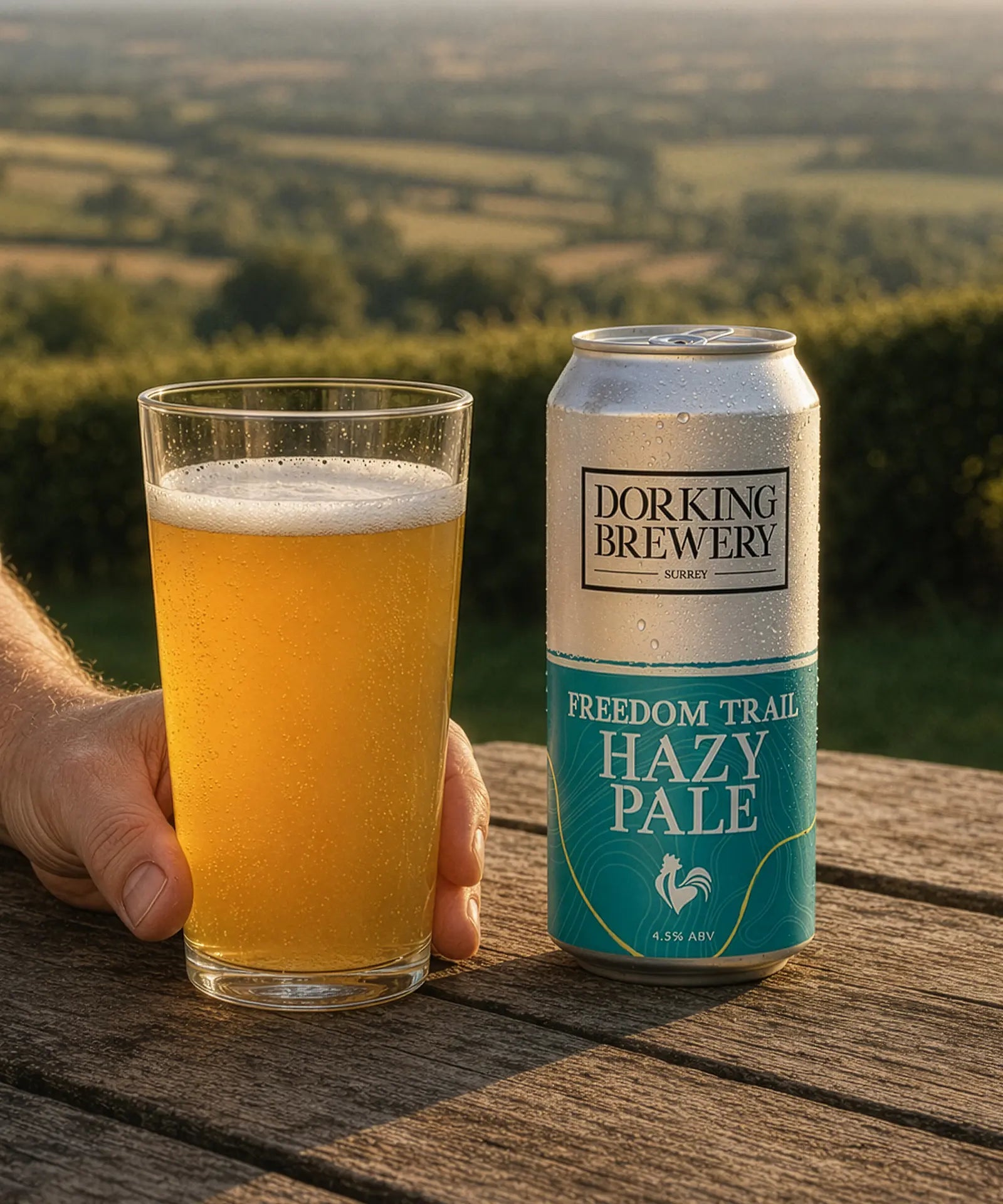 Dorking Brewery Hazy Pale Ale can and glass with a scenic background