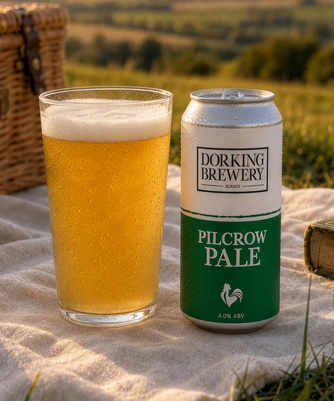 Pint of Dorking Brewery Pilcrow Pale next to a can on a picnic blanket with a scenic background.