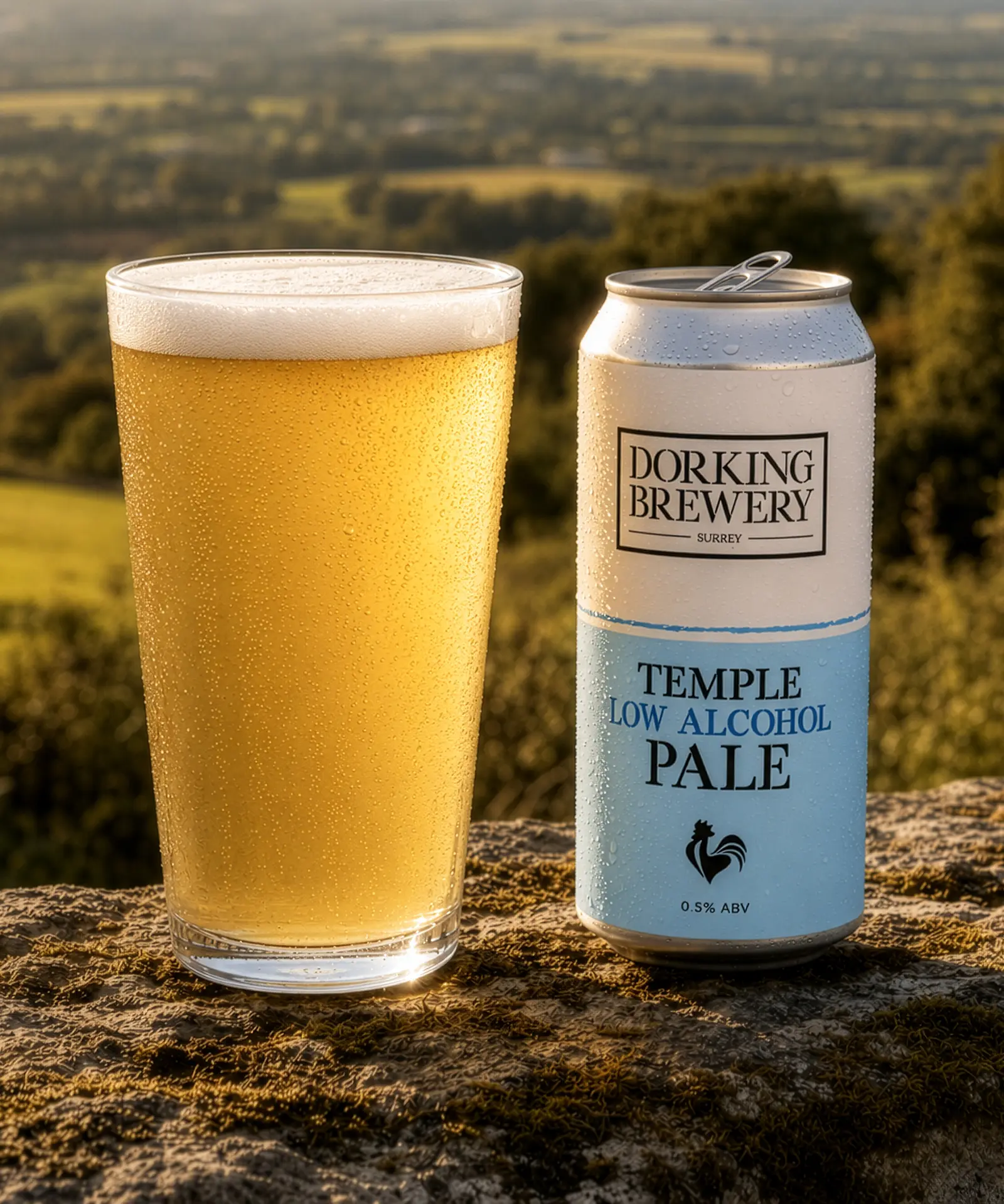 Dorking Brewery Temple Low Alcohol Pale beer can and glass with a scenic background