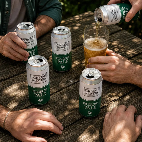 Friends sharing cans of Dorking Brewery Pilcrow Pale around a wooden table, one pouring into a glass.