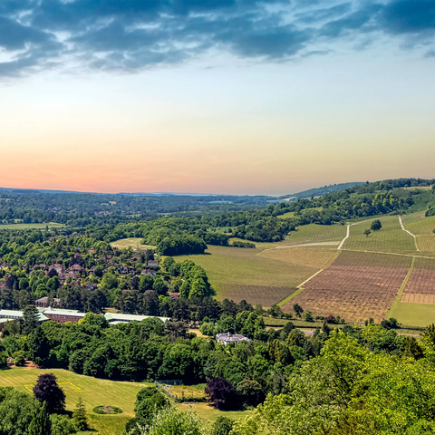 A panoramic view over the Surrey Hills and Dorking at dusk.